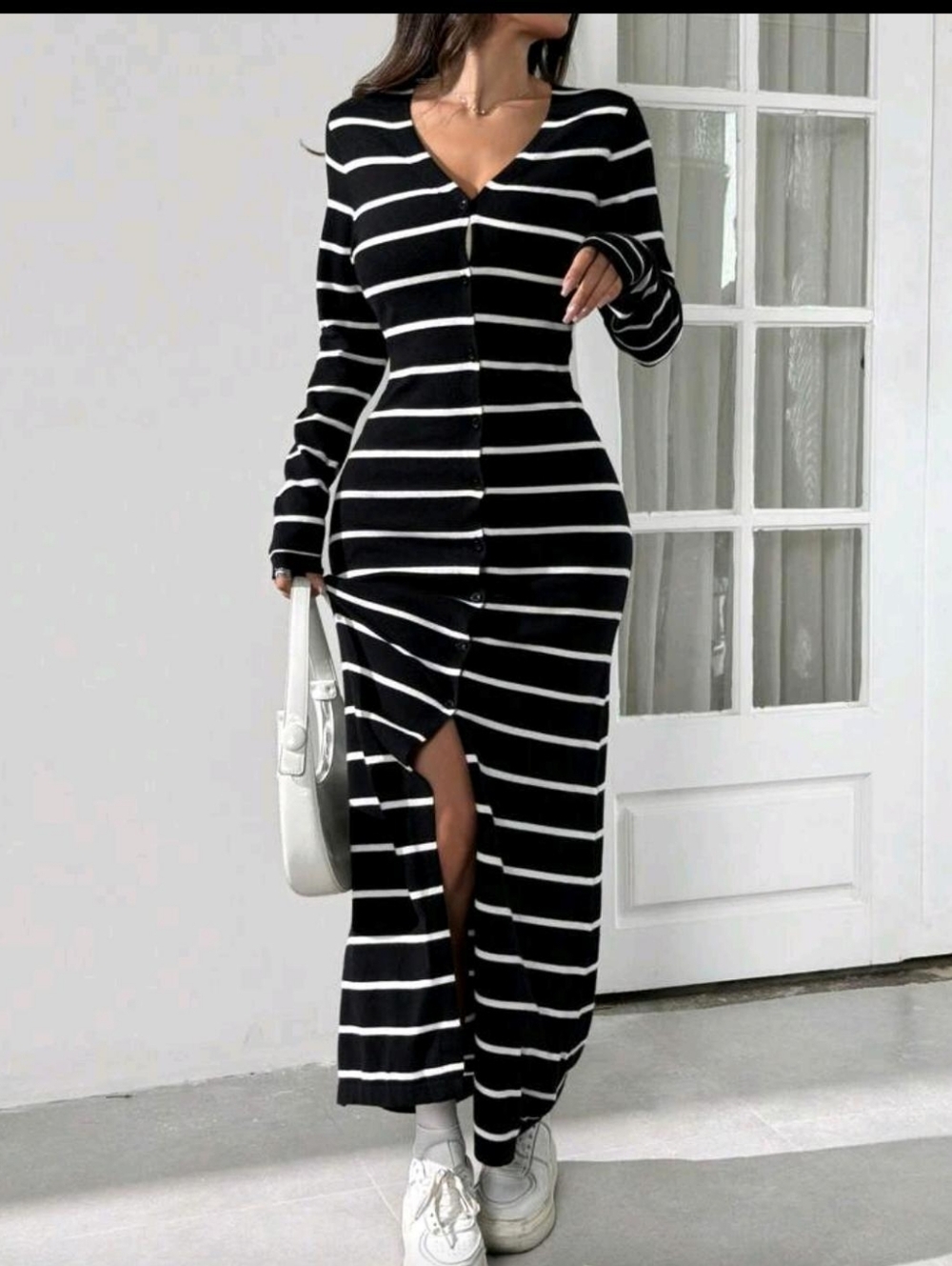 Striped Black & White Long-Sleeve Button Maxi Dress